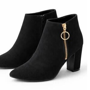 IMPO Black Ankle Boots Womens Size 8.5 Block Heel Gold Ring Zipper